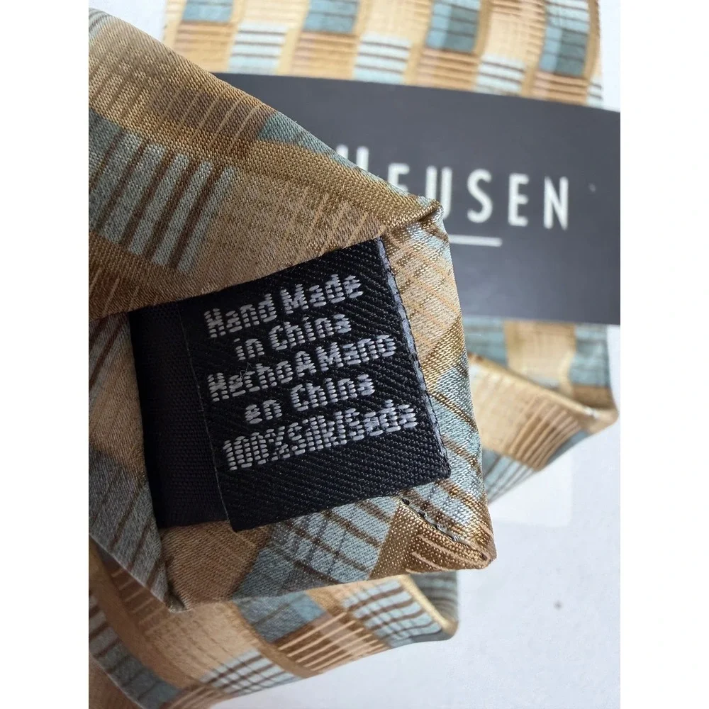 Van Heusen Mens Silk Tie Gold Tan Grey Geometric Block Pattern Hand Made Necktie